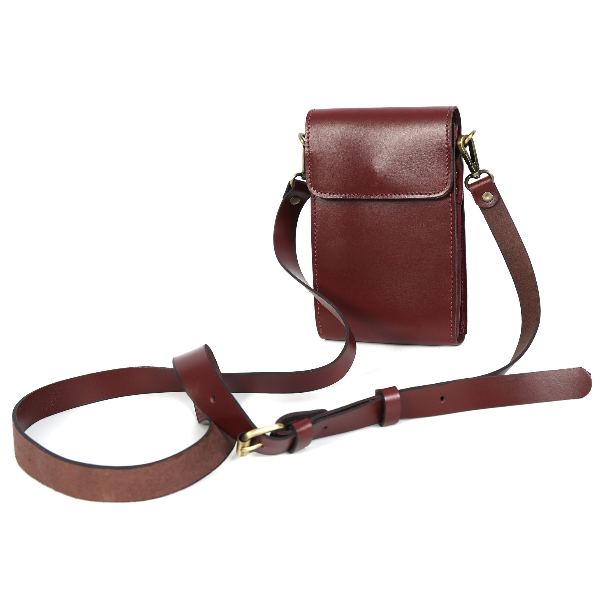 Genuine Leather Phone Crossbody Bag – Compact Burgundy Sling Pouch