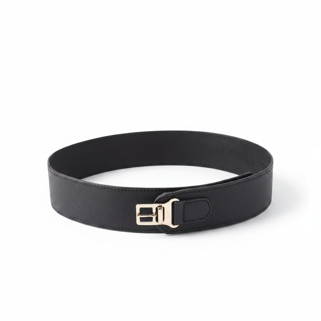 Black Genuine Leather Waist Belt – Adjustable Belt with Gold Buckle