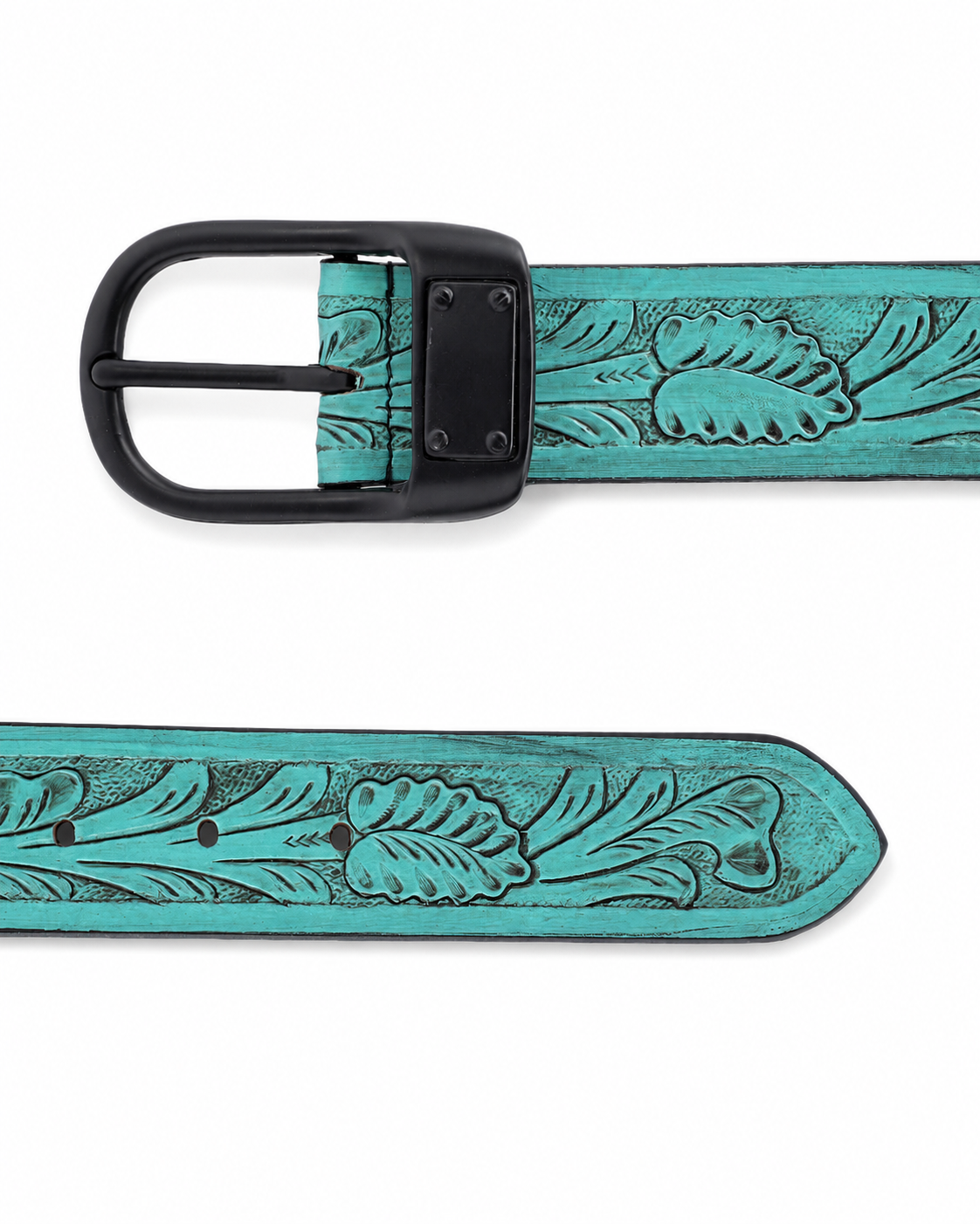 Turquoise Embossed Leather Belt – Western Floral Waist Belt with Black Buckle