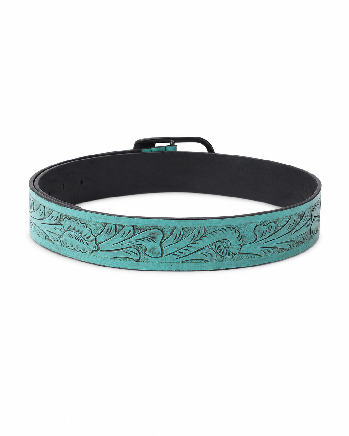 Turquoise Embossed Leather Belt – Western Floral Waist Belt with Black Buckle