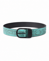 Turquoise Embossed Leather Belt – Western Floral Waist Belt with Black Buckle