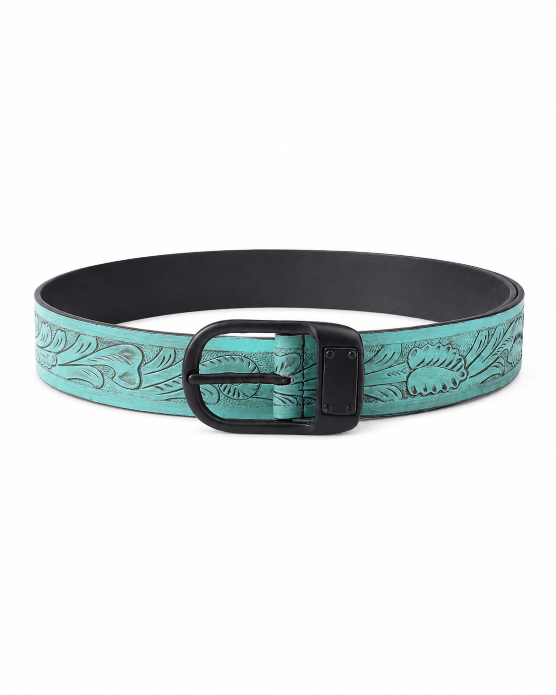 Turquoise Embossed Leather Belt – Western Floral Waist Belt with Black Buckle