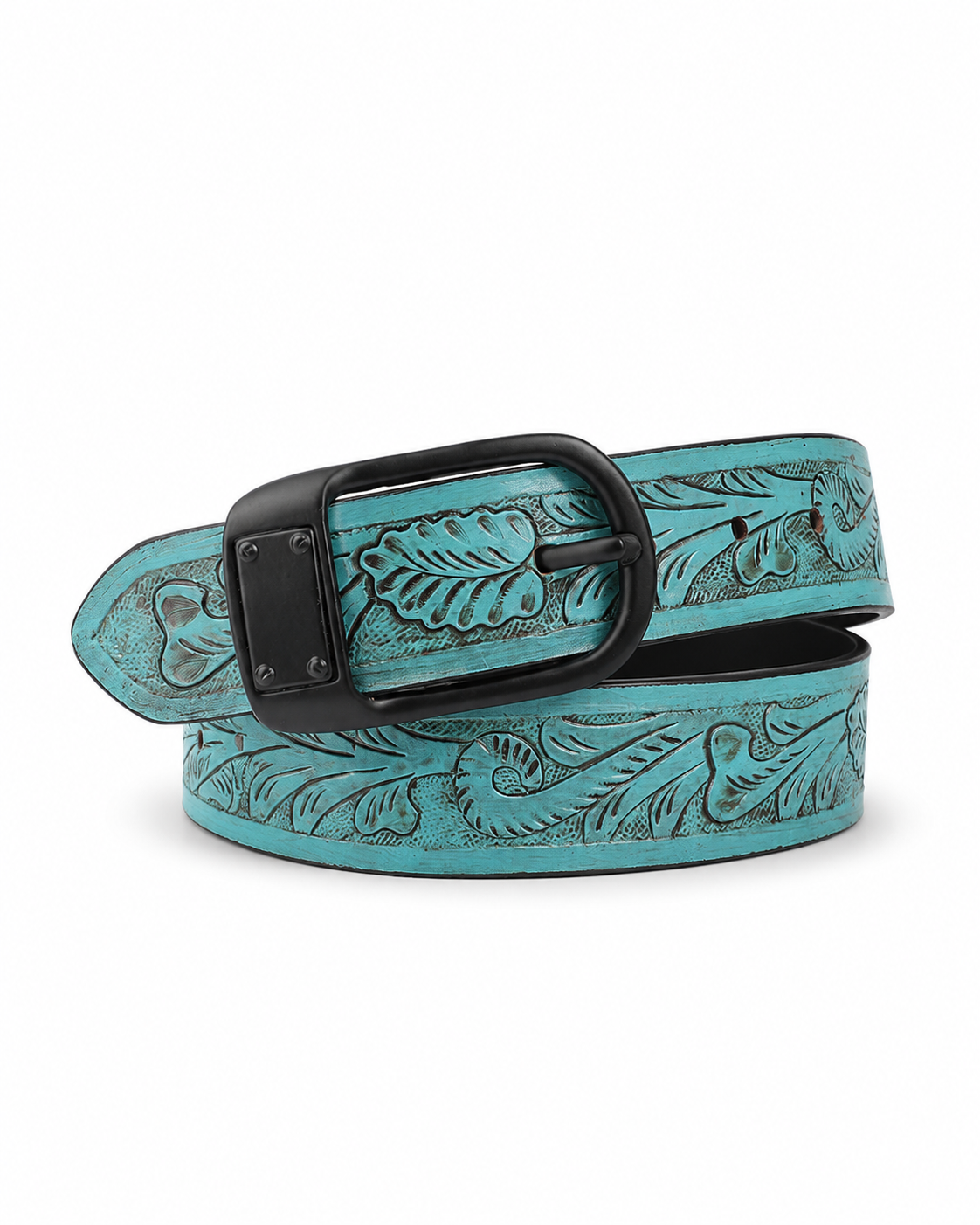 Turquoise Embossed Leather Belt – Western Floral Waist Belt with Black Buckle