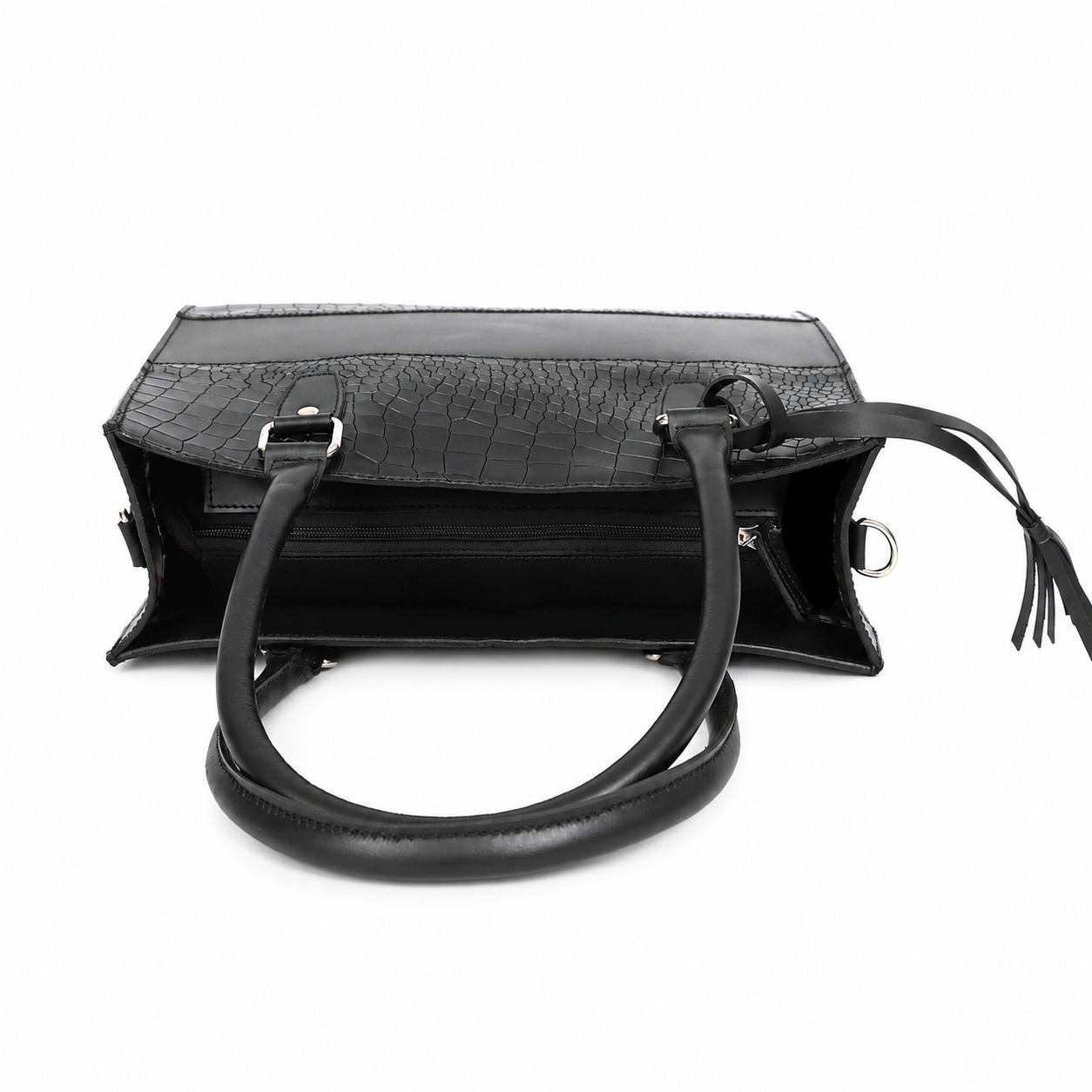 Black Croc-Textured Leather Tote Bag – Shoulder Handbag with Zip Closure