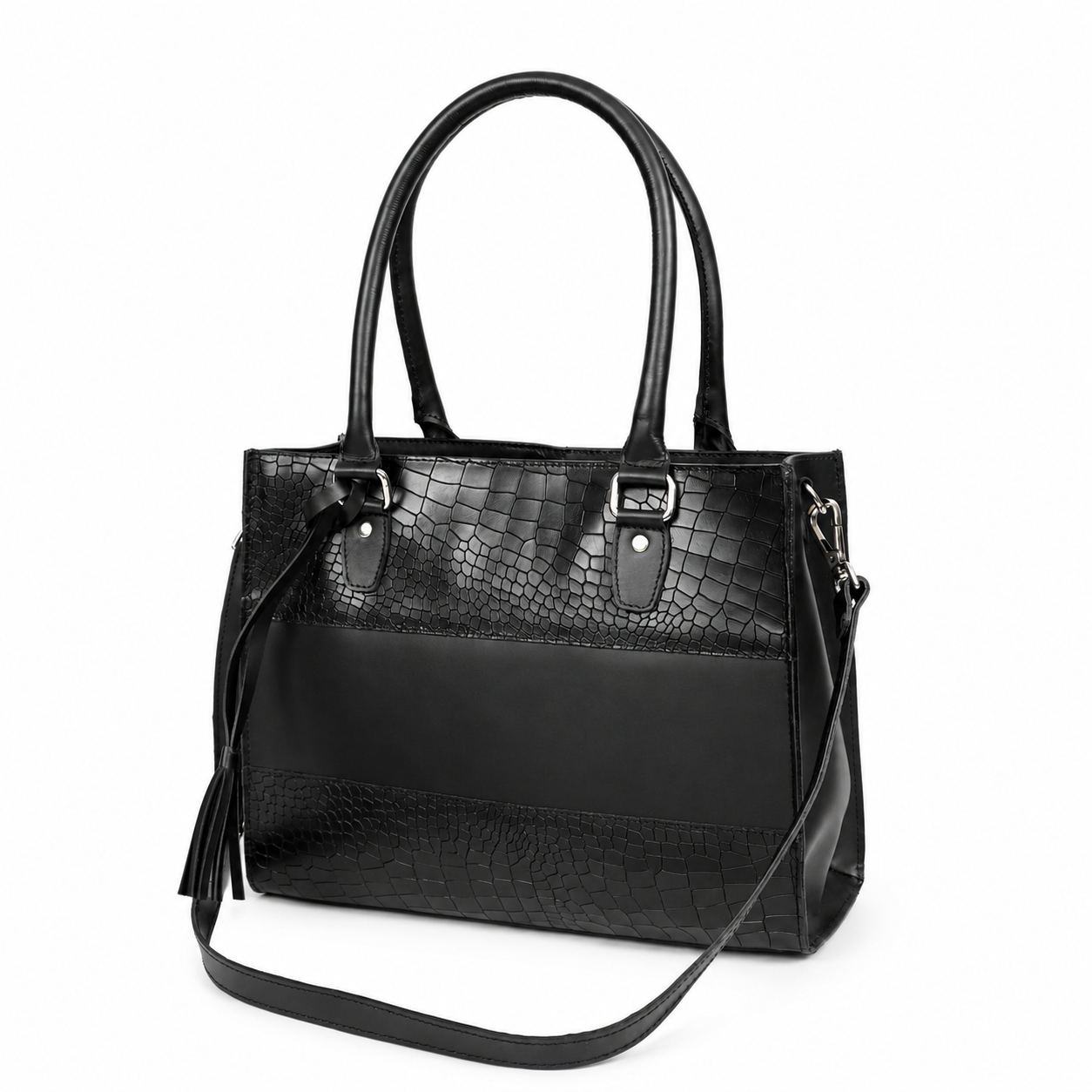 Black Croc-Textured Leather Tote Bag – Shoulder Handbag with Zip Closure