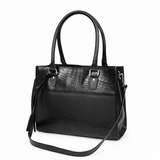 Black Croc-Textured Leather Tote Bag – Shoulder Handbag with Zip Closure