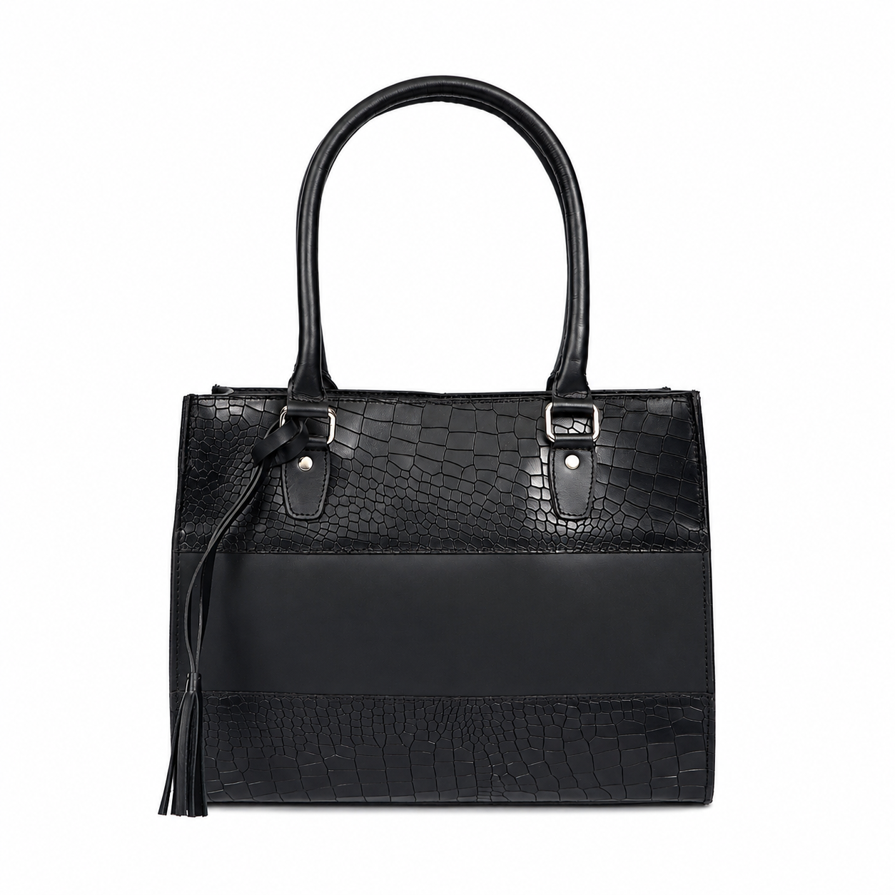 Black Croc-Textured Leather Tote Bag – Shoulder Handbag with Zip Closure