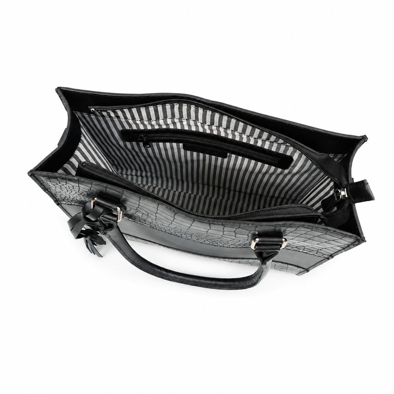 Black Croc-Textured Leather Tote Bag – Shoulder Handbag with Zip Closure