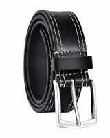Black Leather Belt – Contrast Stitching Chrome Buckle Waist Belt