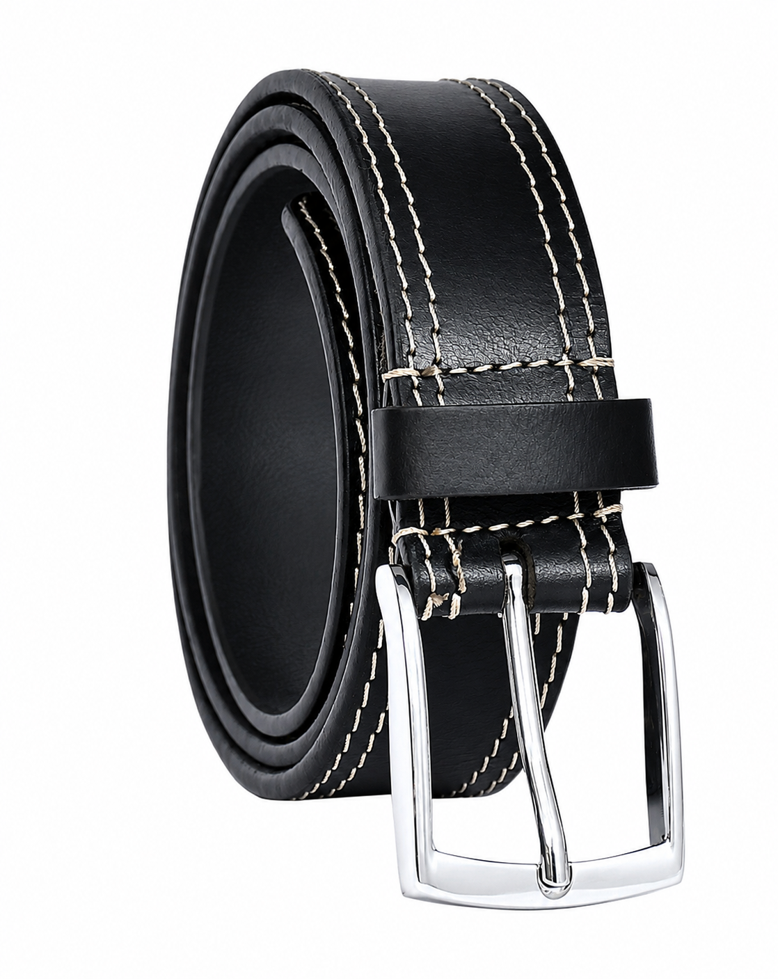 Black Leather Belt – Contrast Stitching Chrome Buckle Waist Belt