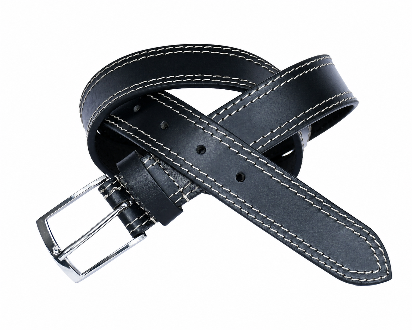Black Leather Belt – Contrast Stitching Chrome Buckle Waist Belt