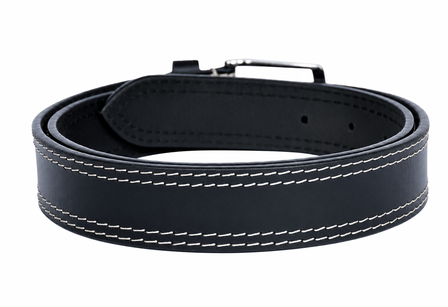 Black Leather Belt – Contrast Stitching Chrome Buckle Waist Belt