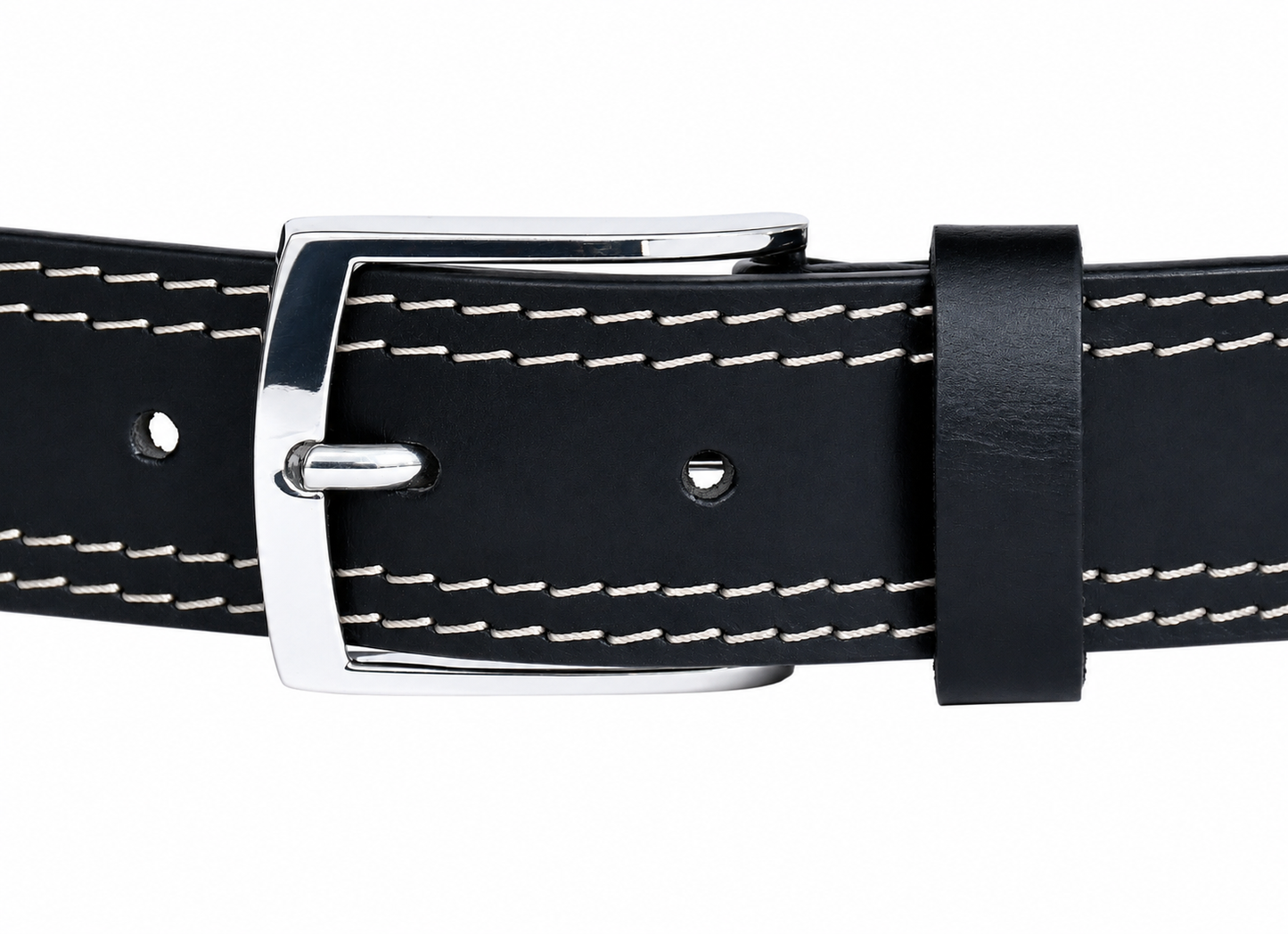 Black Leather Belt – Contrast Stitching Chrome Buckle Waist Belt