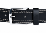 Black Leather Belt – Contrast Stitching Chrome Buckle Waist Belt