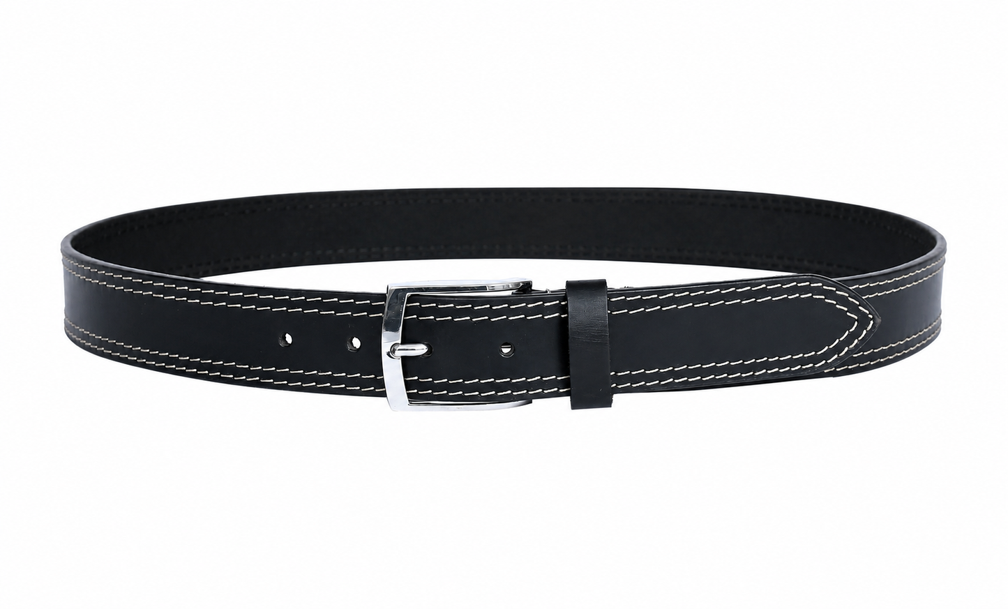 Black Leather Belt – Contrast Stitching Chrome Buckle Waist Belt