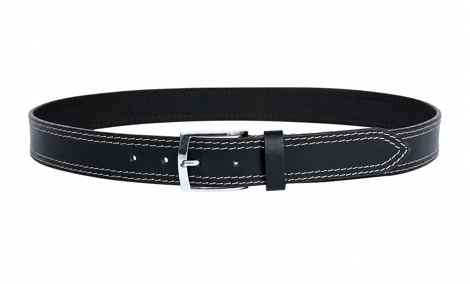 Black Leather Belt – Contrast Stitching Chrome Buckle Waist Belt