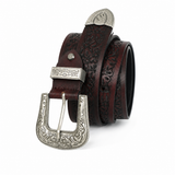 Vintage Floral Embossed Leather Belt with Ornate Silver Buckle
