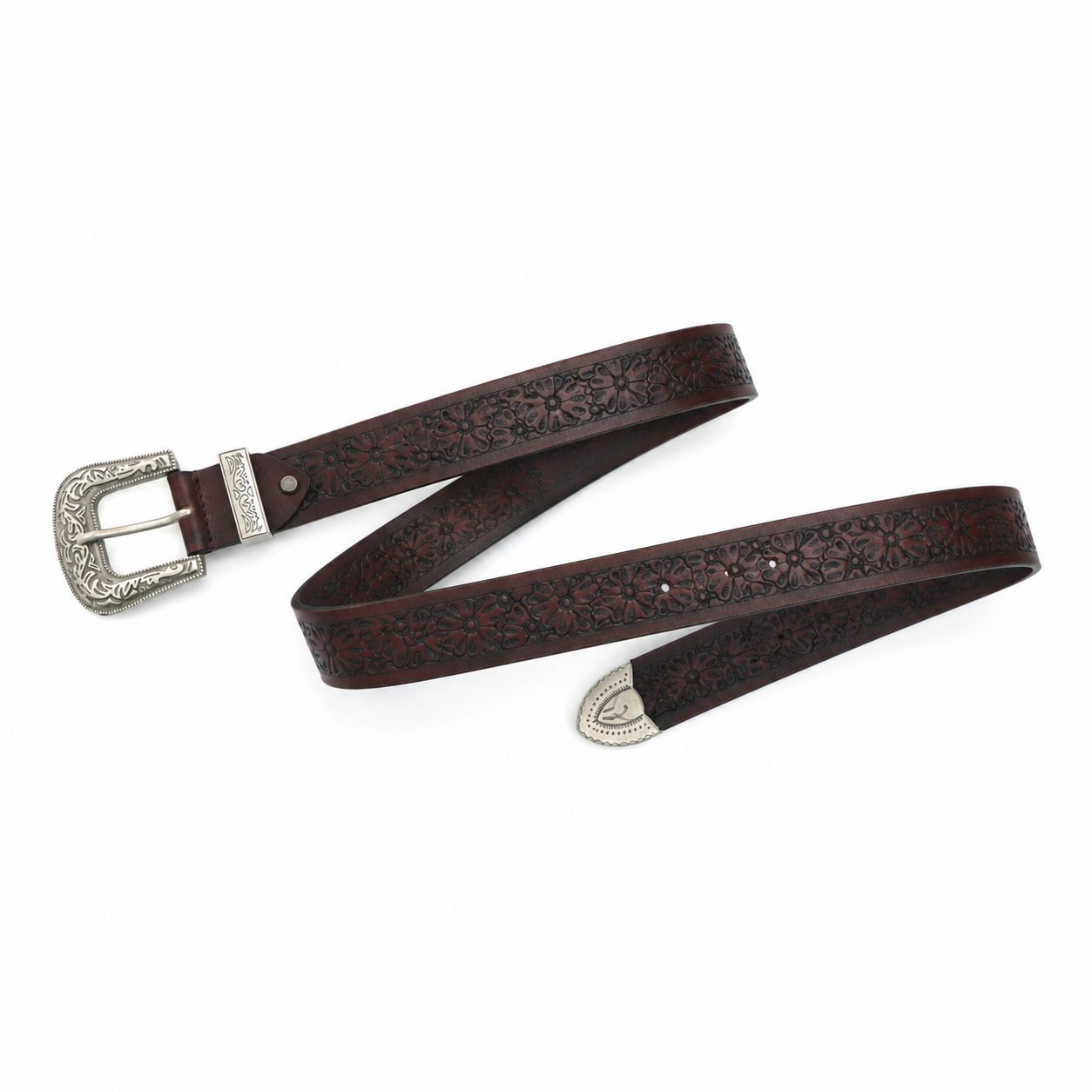 Vintage Floral Embossed Leather Belt with Ornate Silver Buckle