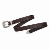 Vintage Floral Embossed Leather Belt with Ornate Silver Buckle
