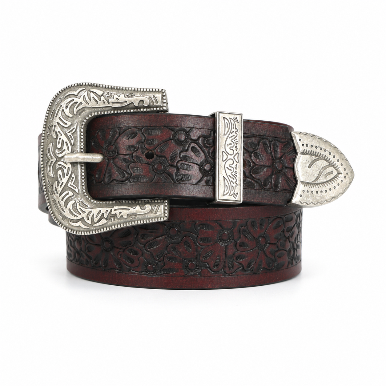 Vintage Floral Embossed Leather Belt with Ornate Silver Buckle