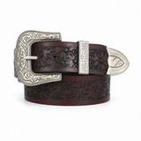 Vintage Floral Embossed Leather Belt with Ornate Silver Buckle