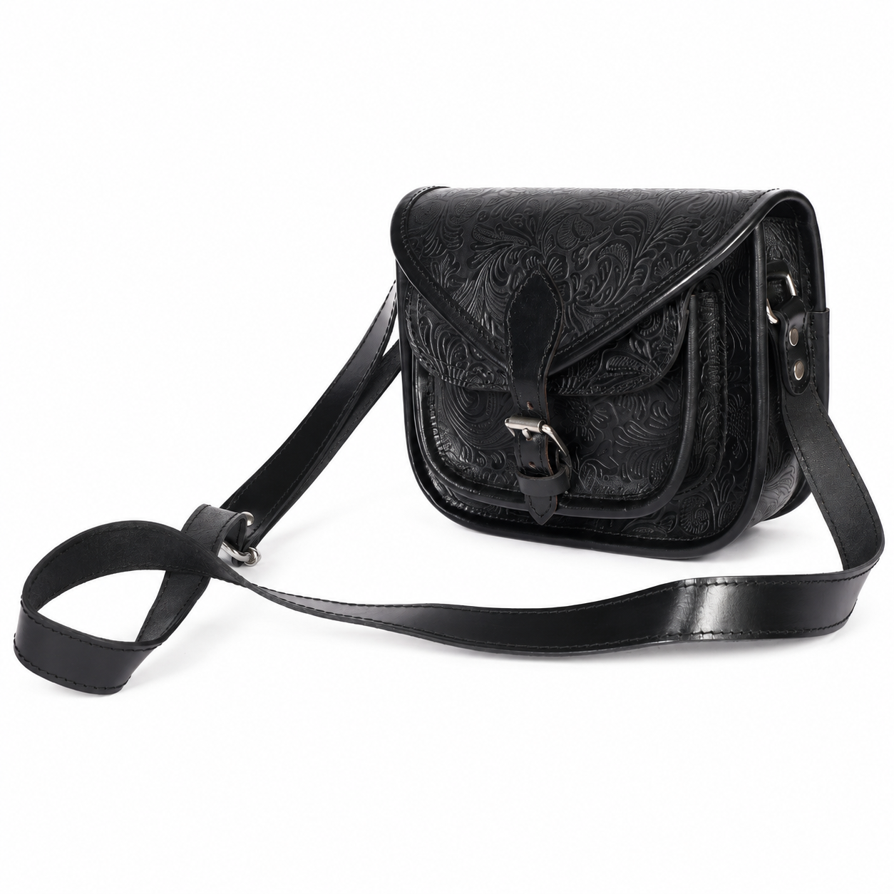 Embossed Leather Crossbody Bag – Buckle Flap Sling Bag