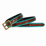 Brown Turquoise Embossed Leather Belt – Western Floral Waist Belt