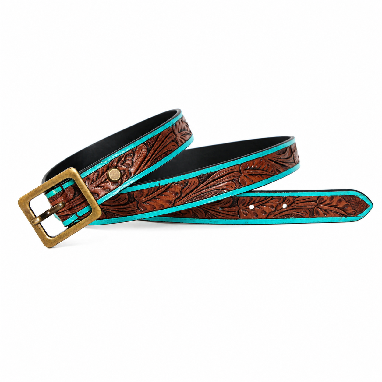 Brown Turquoise Embossed Leather Belt – Western Floral Waist Belt