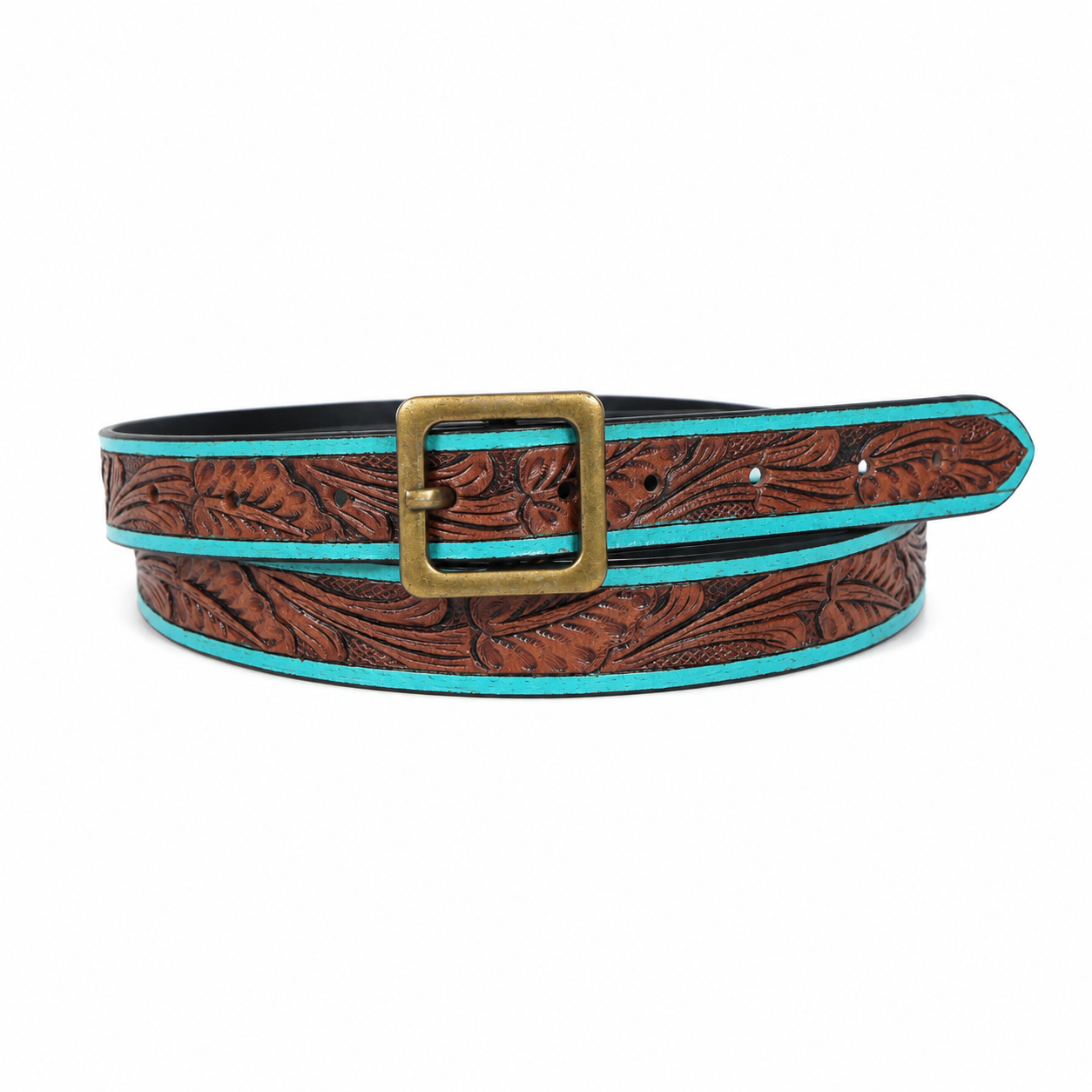 Brown Turquoise Embossed Leather Belt – Western Floral Waist Belt