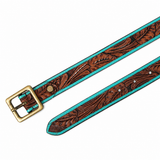 Brown Turquoise Embossed Leather Belt – Western Floral Waist Belt