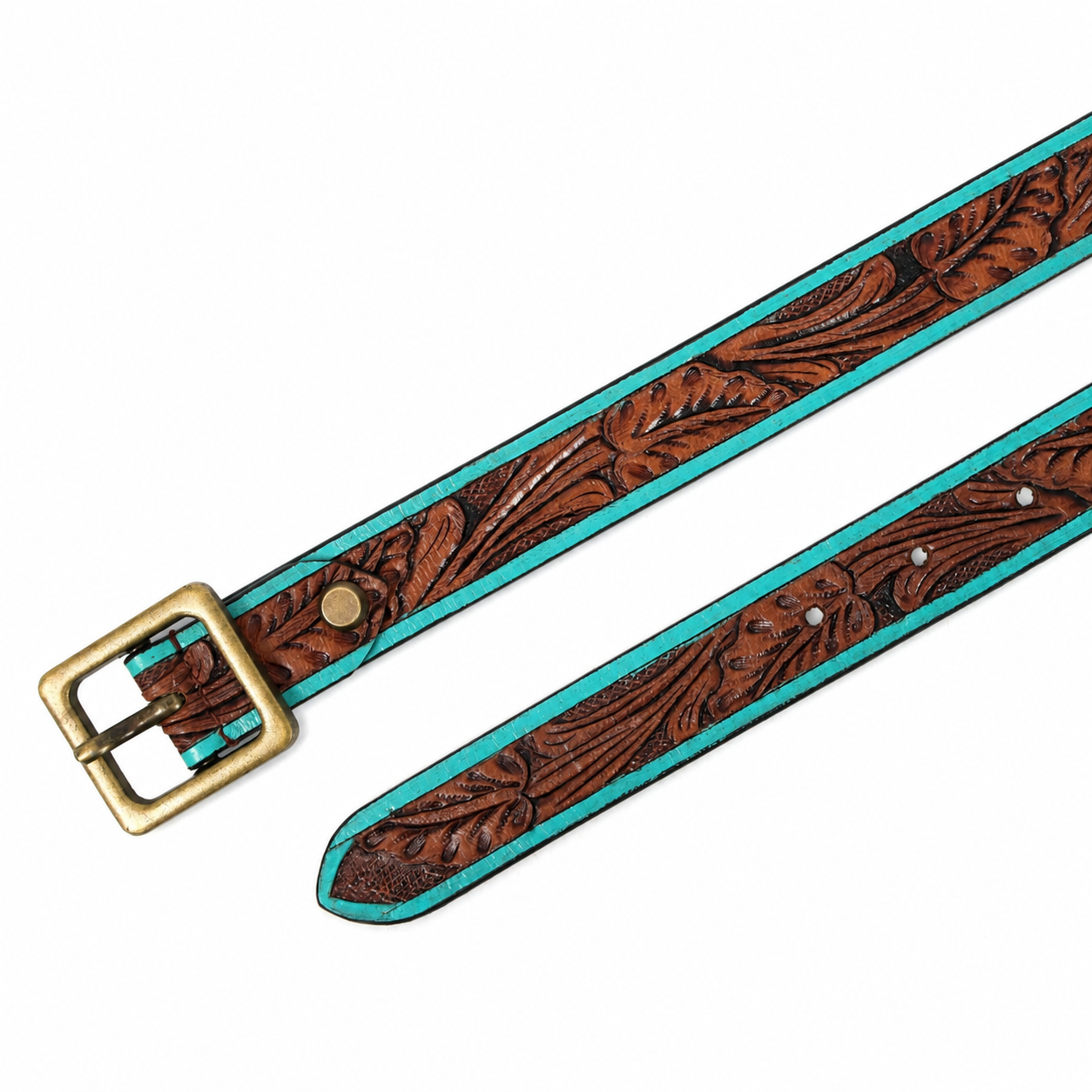 Brown Turquoise Embossed Leather Belt – Western Floral Waist Belt
