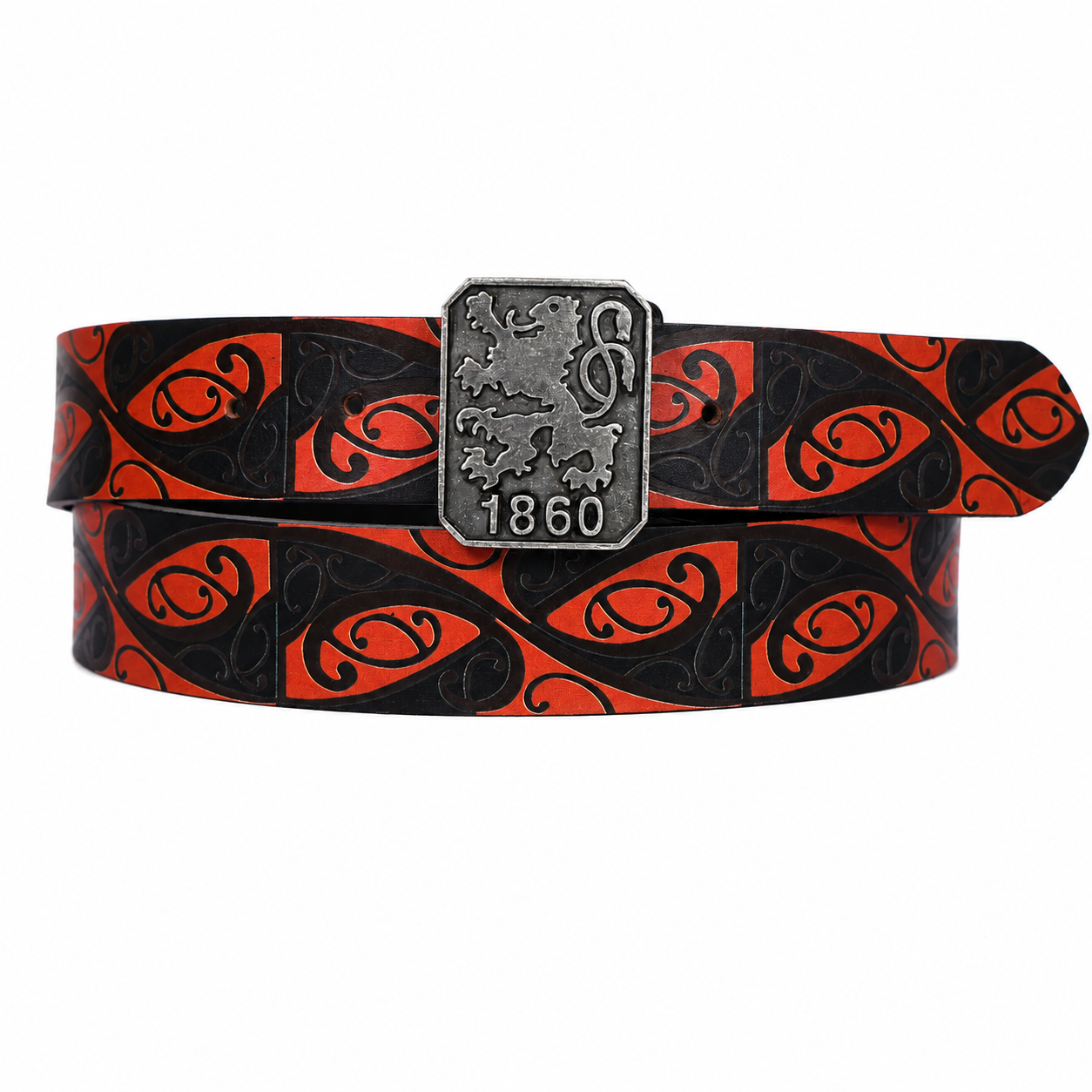 Red Black Tribal Leather Belt – Antique Emblem Buckle Waist Belt