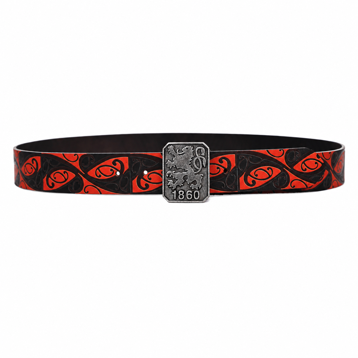 Red Black Tribal Leather Belt – Antique Emblem Buckle Waist Belt