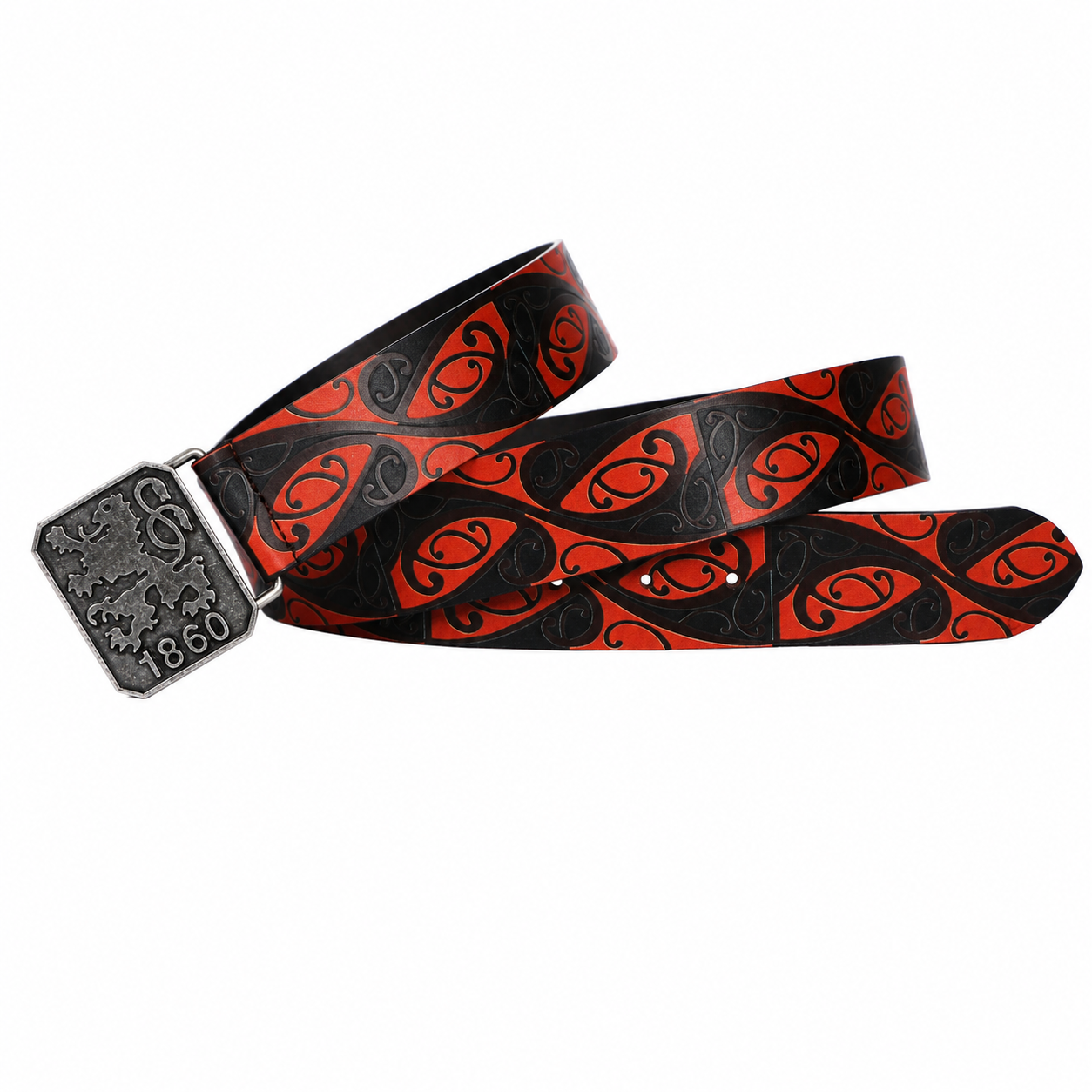 Red Black Tribal Leather Belt – Antique Emblem Buckle Waist Belt
