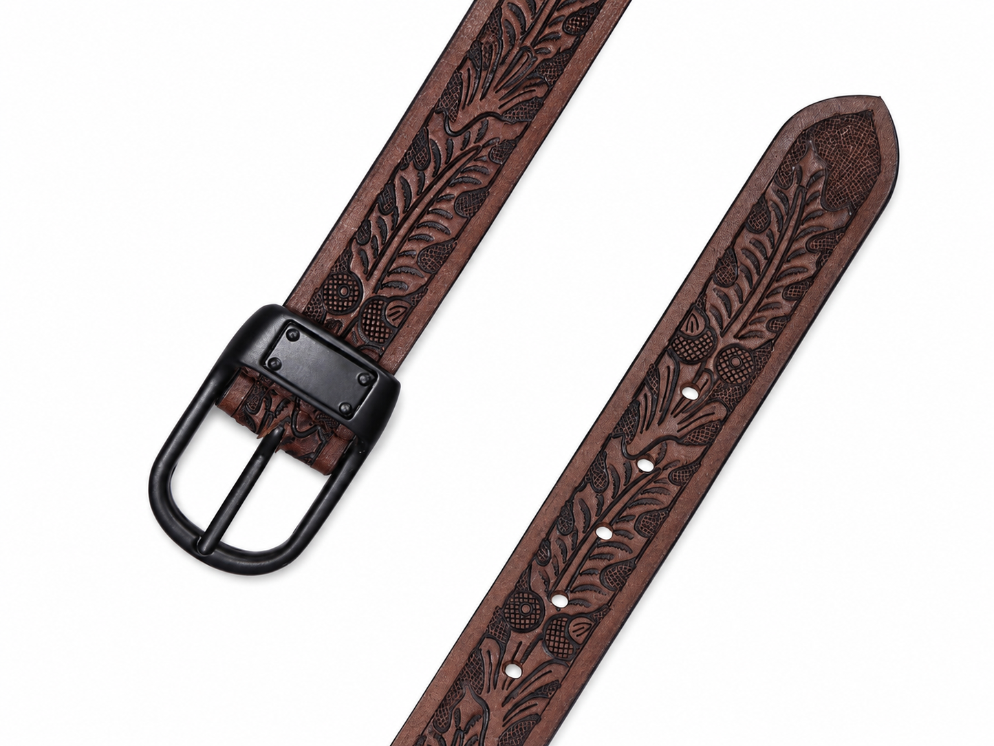 Embossed Brown Leather Belt – Western Waist Belt with Matte Black Buckle