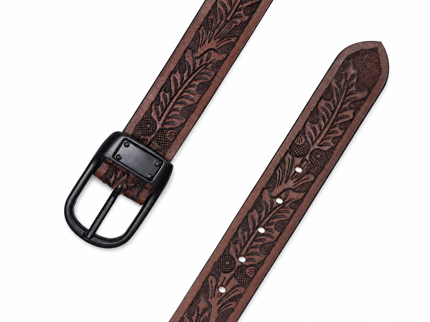 Embossed Brown Leather Belt – Western Waist Belt with Matte Black Buckle