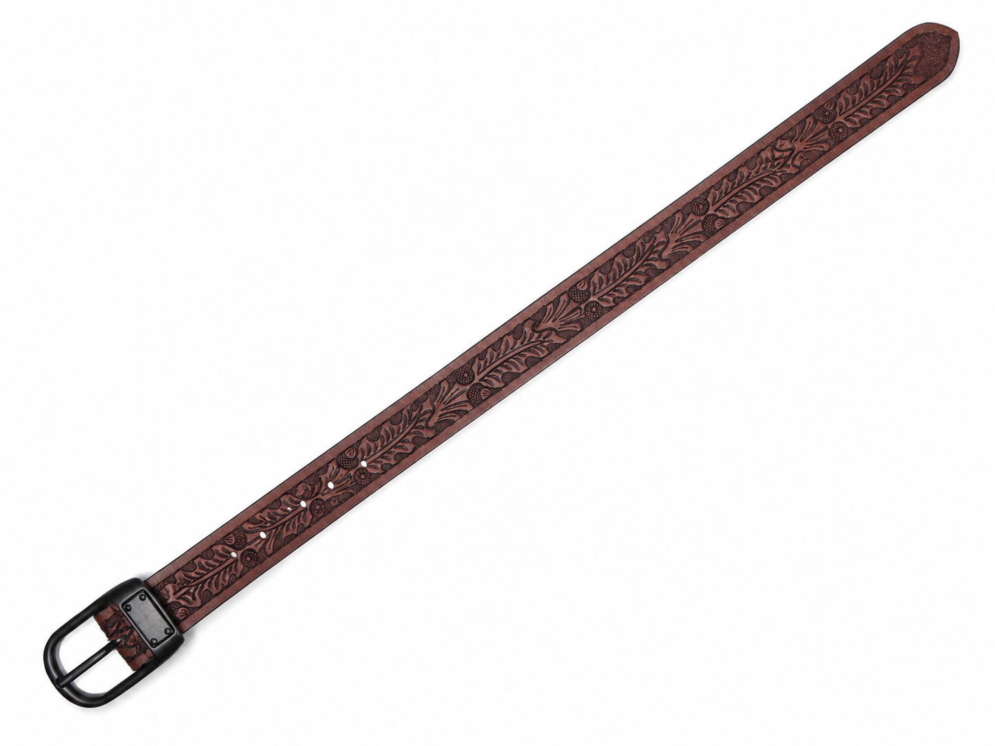 Embossed Brown Leather Belt – Western Waist Belt with Matte Black Buckle