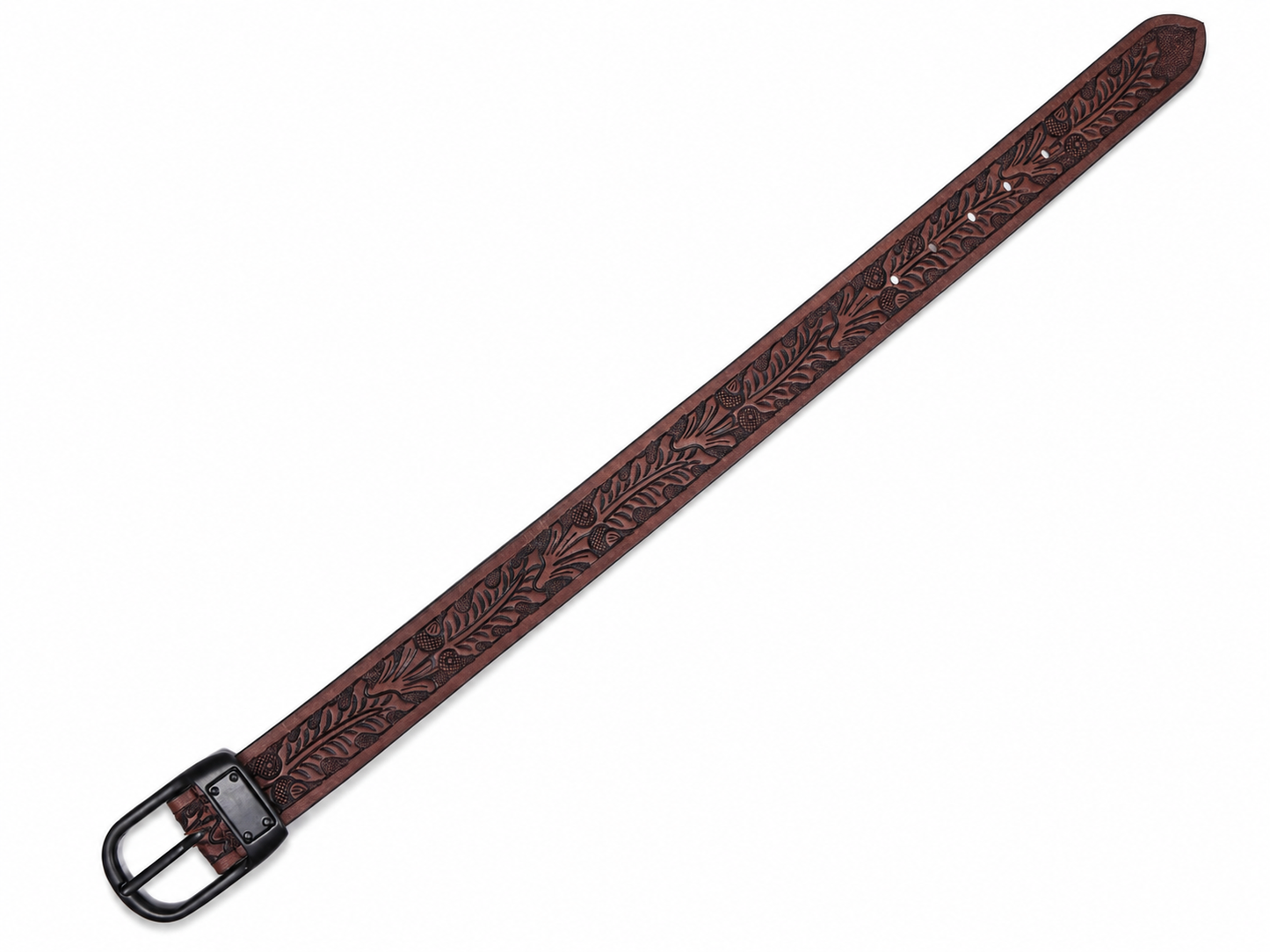 Embossed Brown Leather Belt – Western Waist Belt with Matte Black Buckle