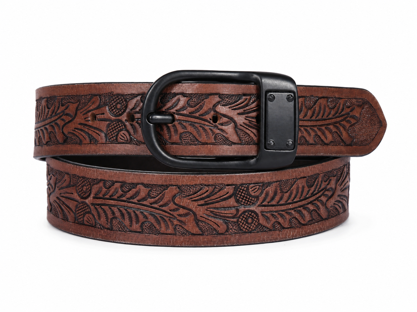 Embossed Brown Leather Belt – Western Waist Belt with Matte Black Buckle