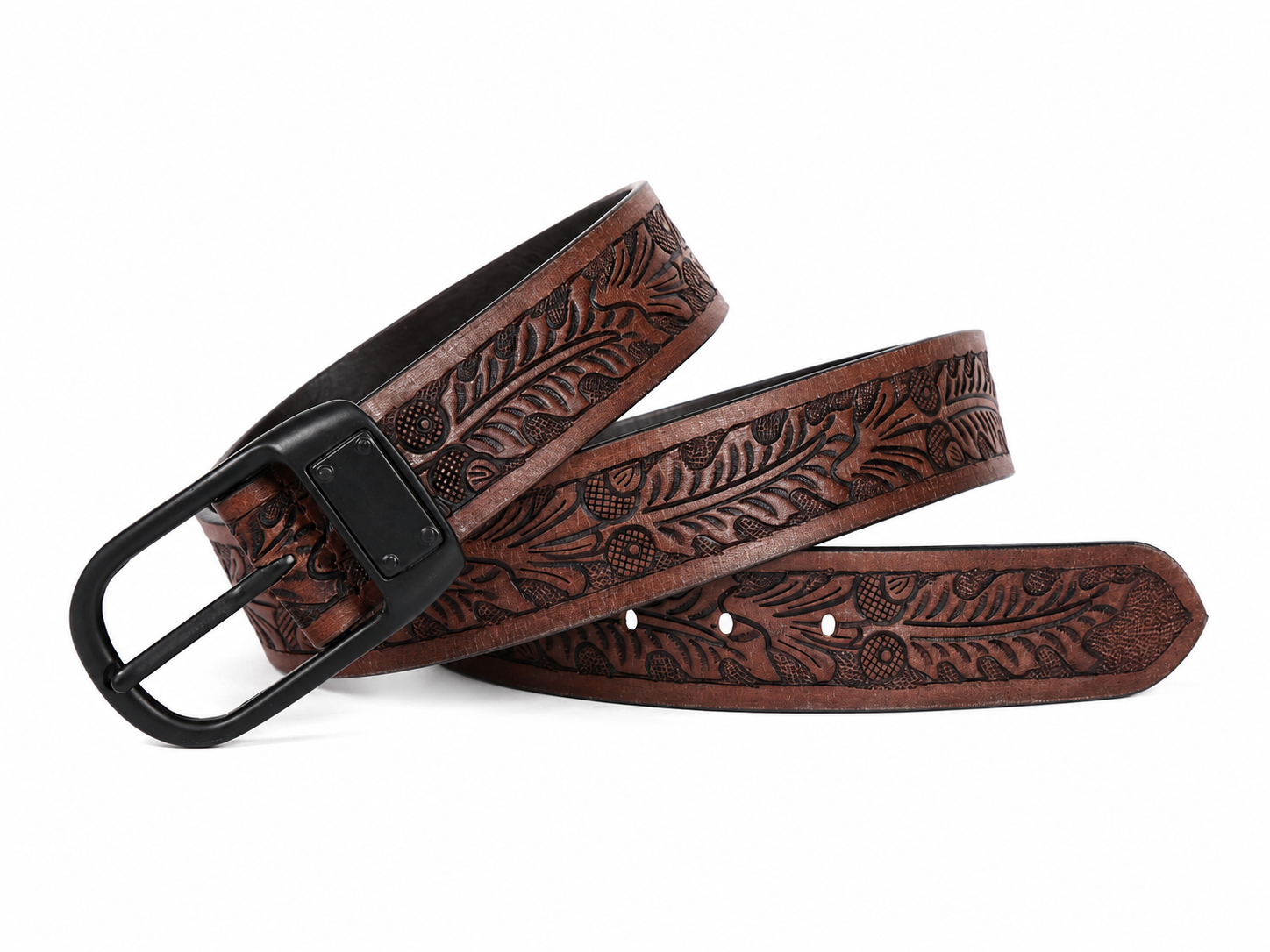 Embossed Brown Leather Belt – Western Waist Belt with Matte Black Buckle