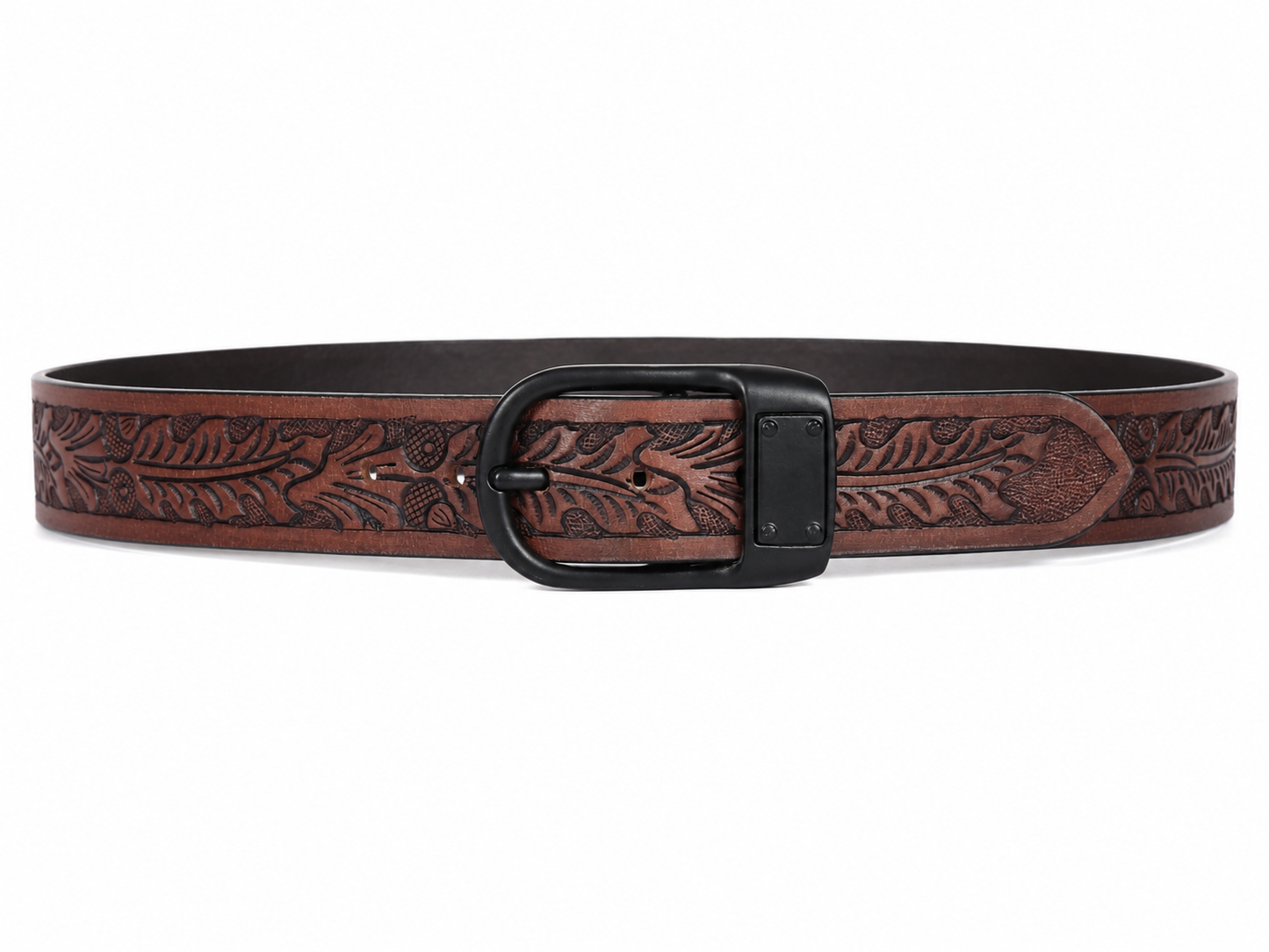 Embossed Brown Leather Belt – Western Waist Belt with Matte Black Buckle