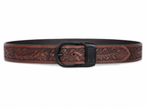 Embossed Brown Leather Belt – Western Waist Belt with Matte Black Buckle