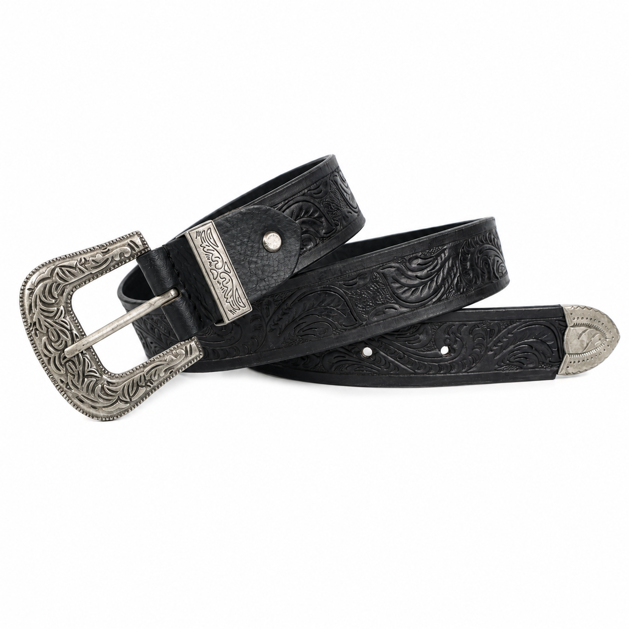 Black Embossed Leather Belt – Western Waist Belt with Ornate Buckle