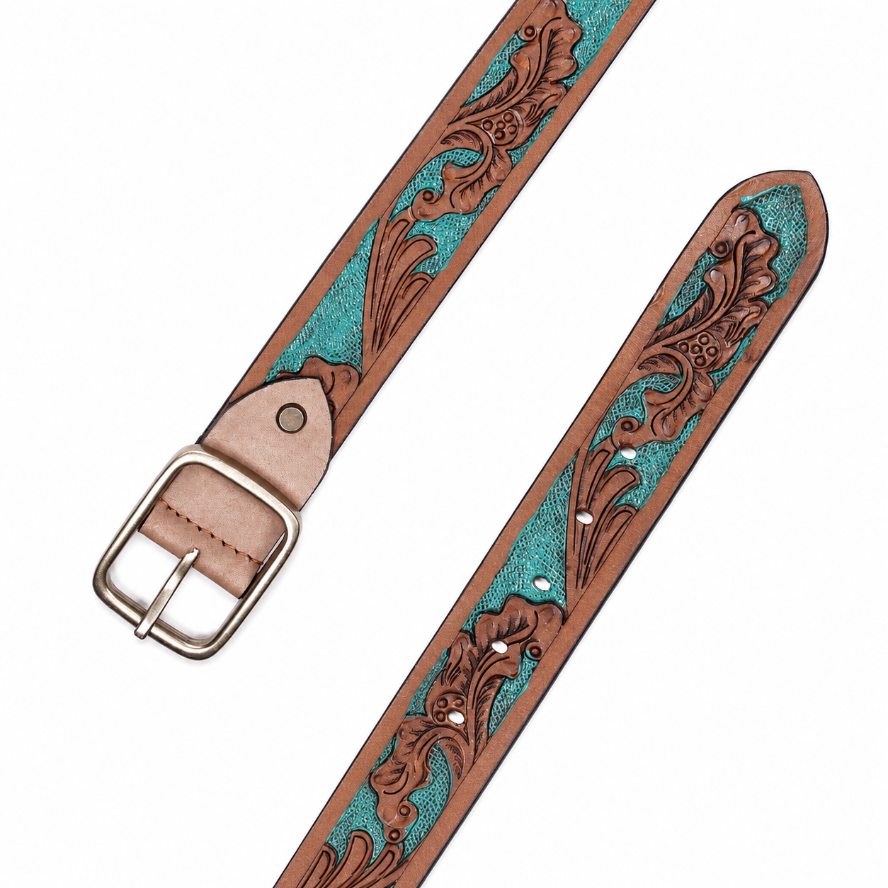 Brown Teal Embossed Leather Belt – Floral Western Waist Belt