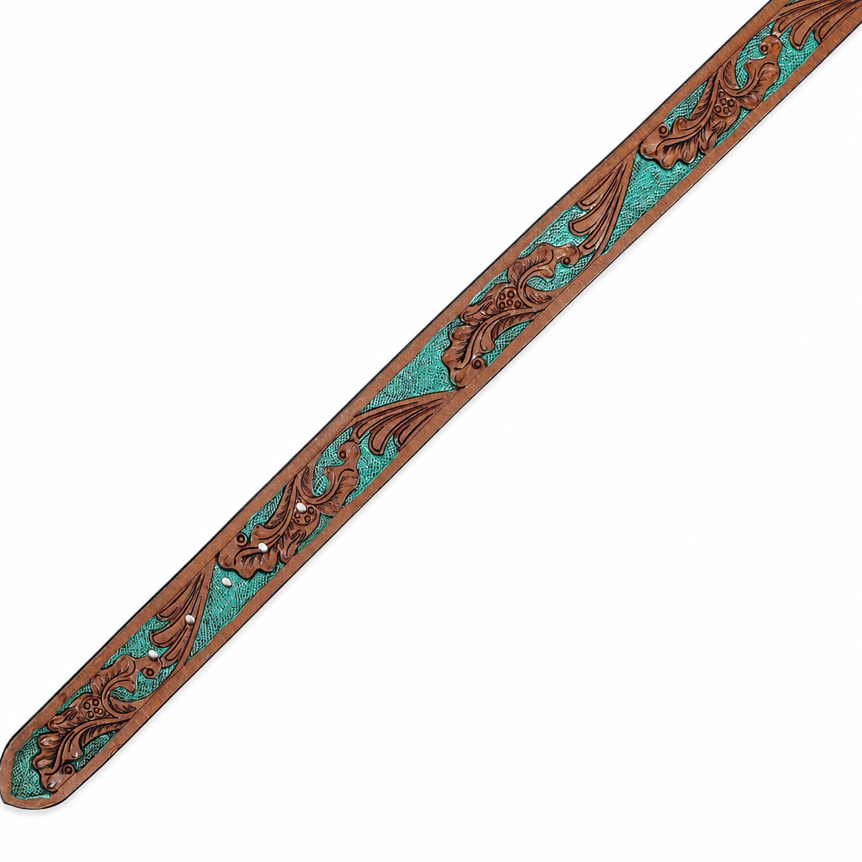 Brown Teal Embossed Leather Belt – Floral Western Waist Belt