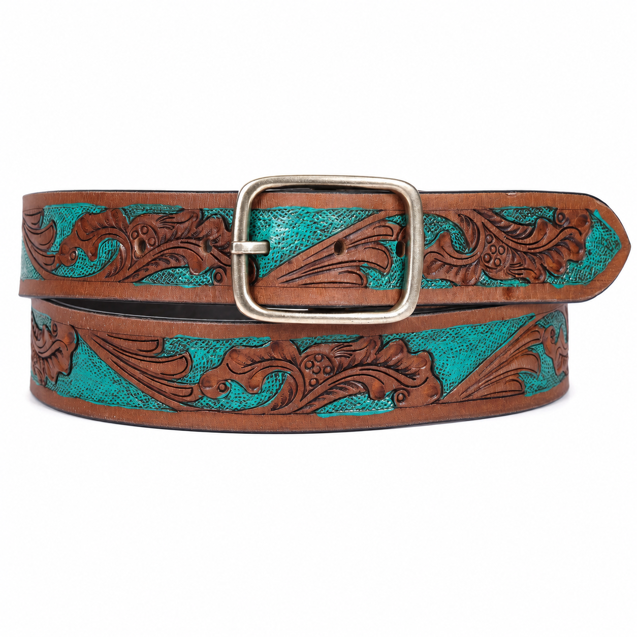 Brown Teal Embossed Leather Belt – Floral Western Waist Belt