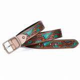 Brown Teal Embossed Leather Belt – Floral Western Waist Belt
