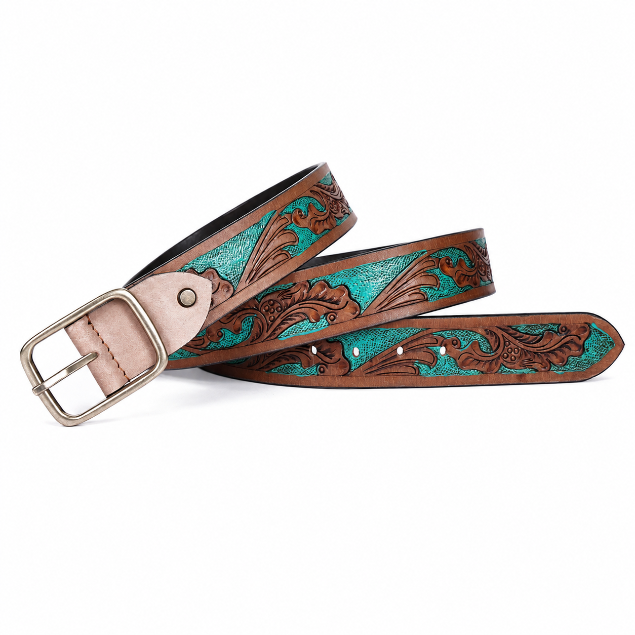 Brown Teal Embossed Leather Belt – Floral Western Waist Belt