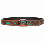 Brown Teal Embossed Leather Belt – Floral Western Waist Belt