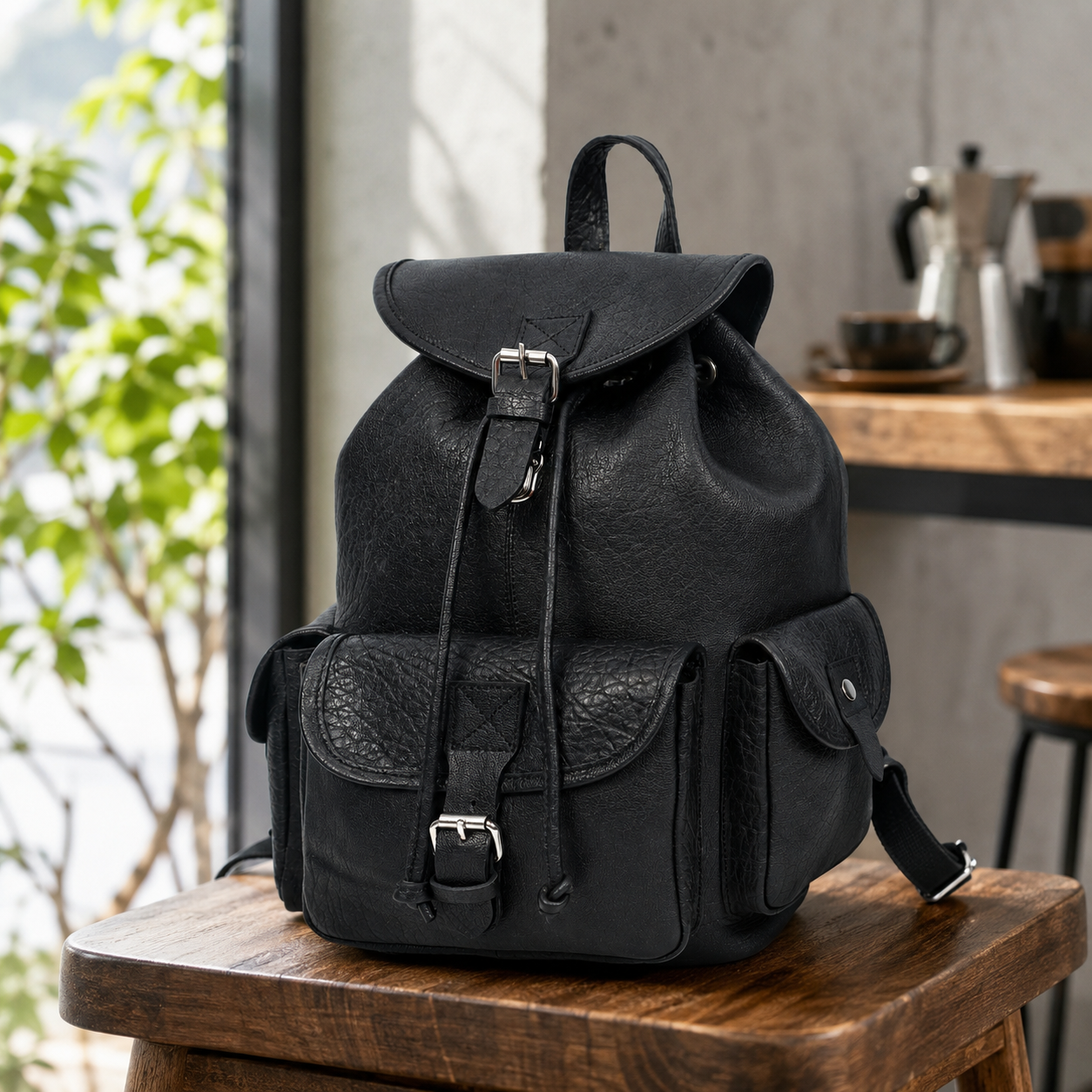 Genuine Leather Utility Backpack – Vintage Travel Bag with Buckle Pockets